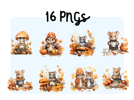 Watercolor Autumn Mice Clipart Set PNG