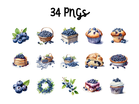 Blueberry Clipart Set - Watercolor