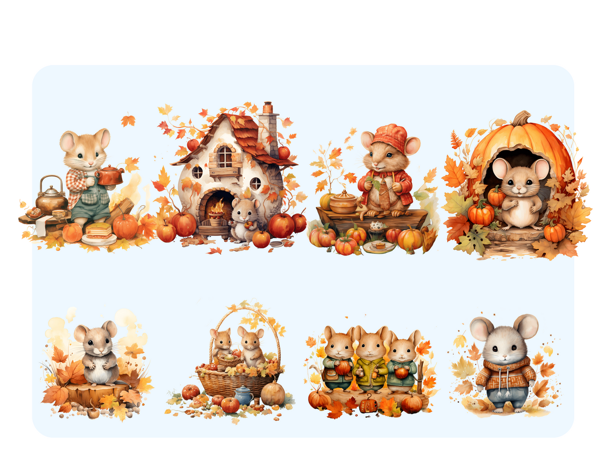 Watercolor Autumn Mice Clipart Set PNG