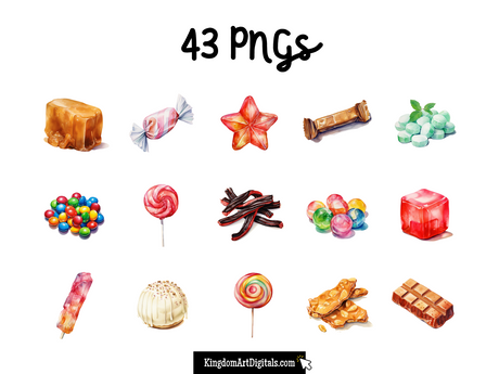 a number of different types of candies on a white background