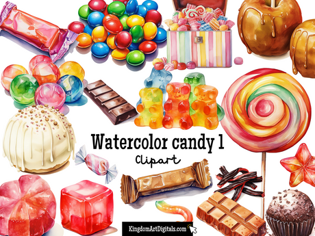 a watercolor candy clipart set includes candy, candies, lollipop