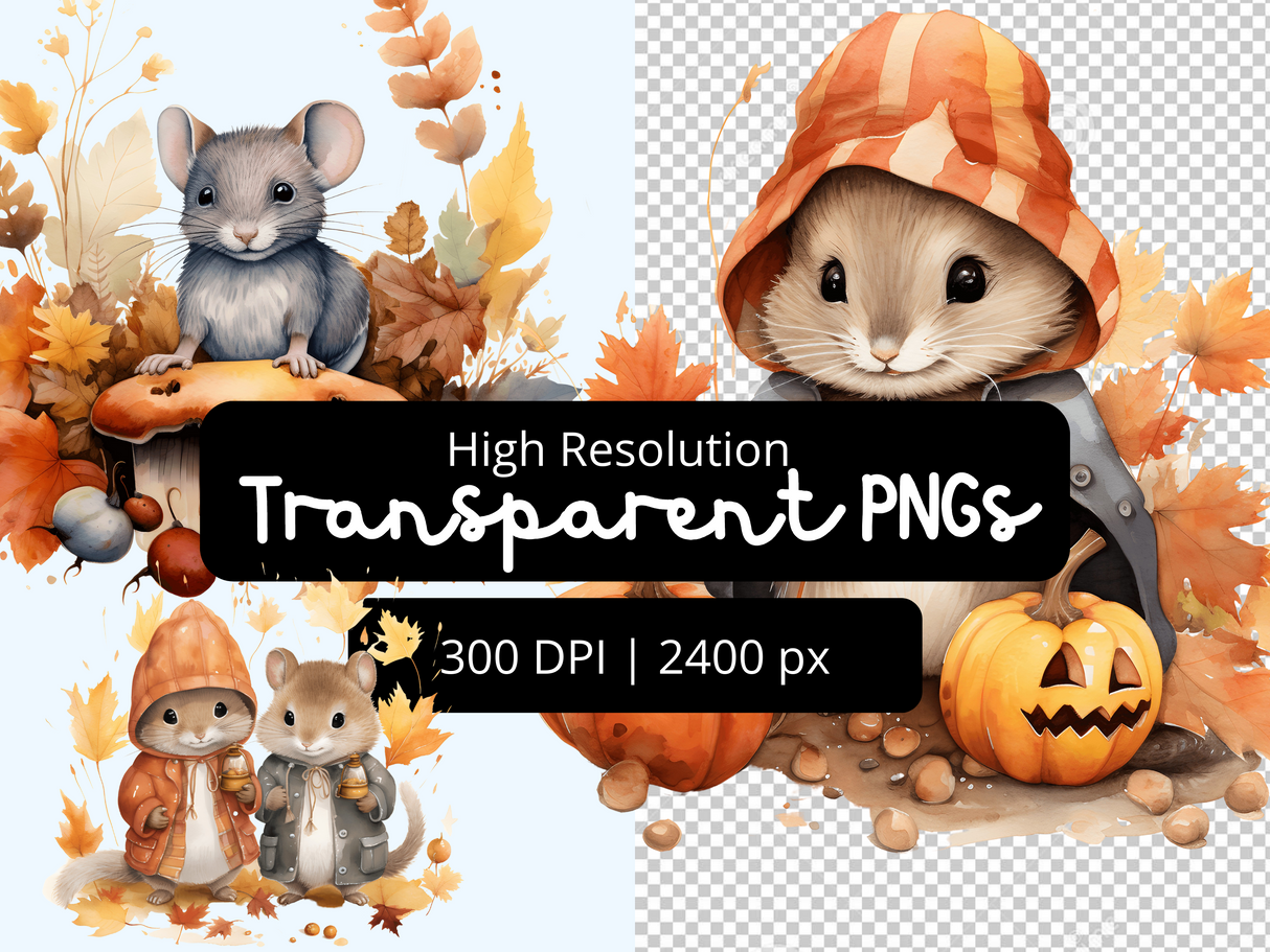 Watercolor Autumn Mice Clipart Set PNG