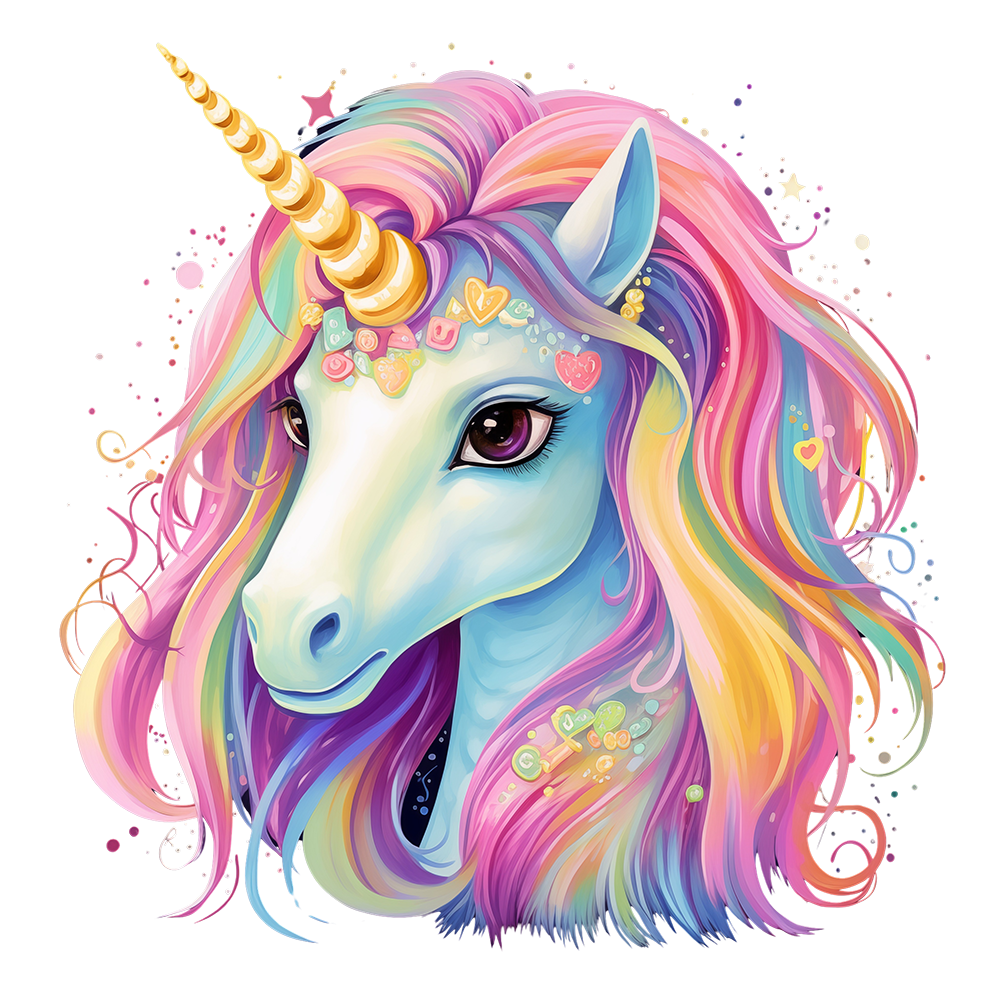Enchanted Rainbow Unicorn Clipart - Pastel Mane and Shimmering Horn - Transparent Background PNG