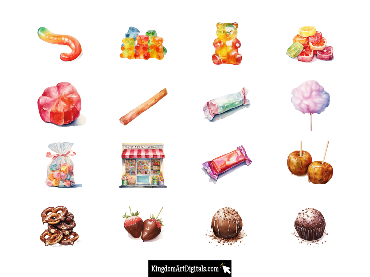 a variety of candy and candies on a white background