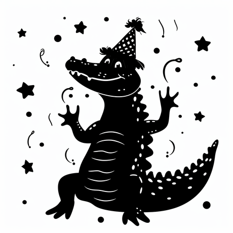a black and white drawing of a crocodile wearing a party hat