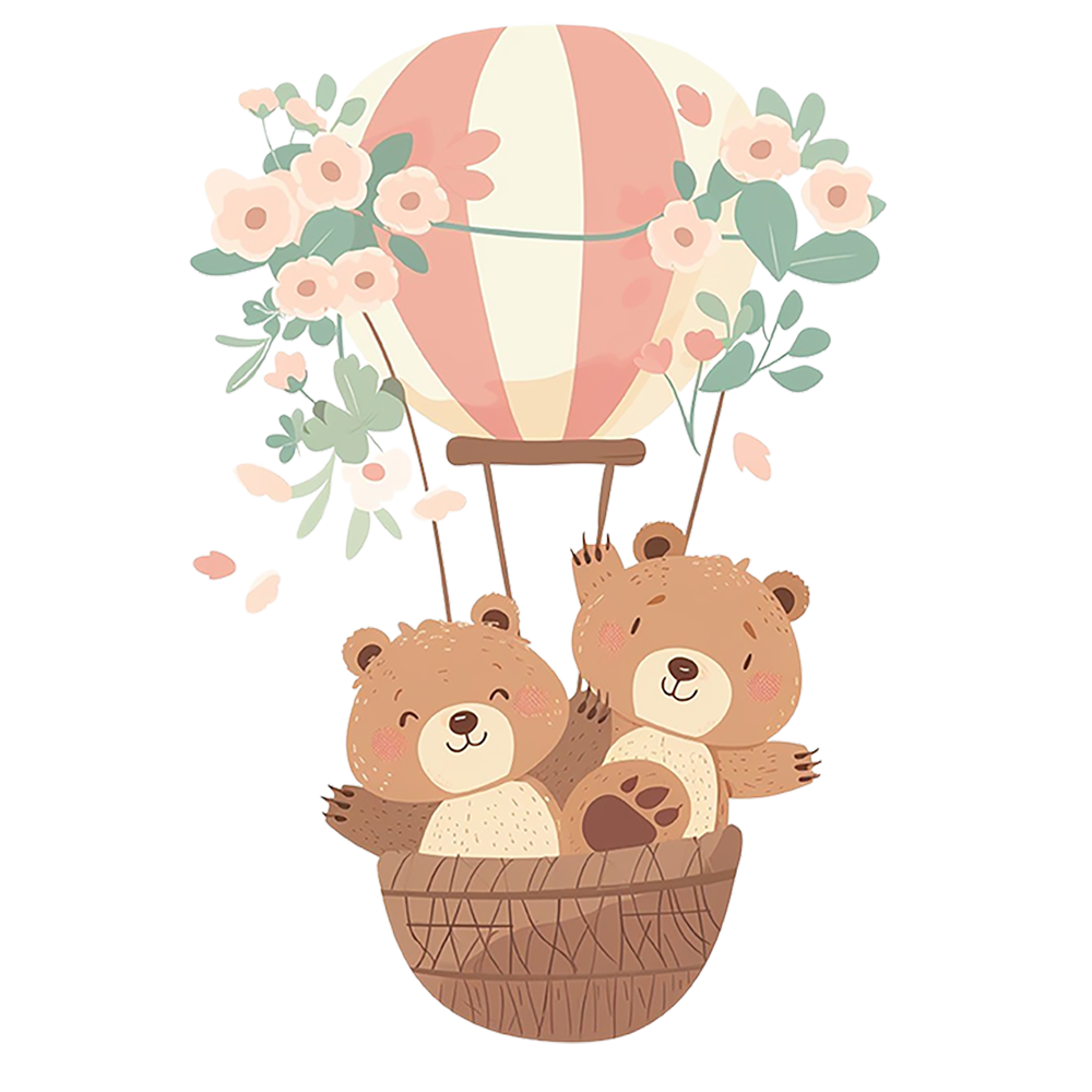 three bears in a basket with a hot air balloon