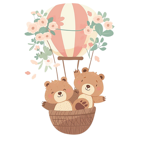 three bears in a basket with a hot air balloon