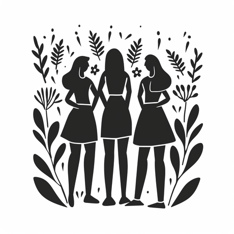 a black and white silhouette of three women standing in front of plants