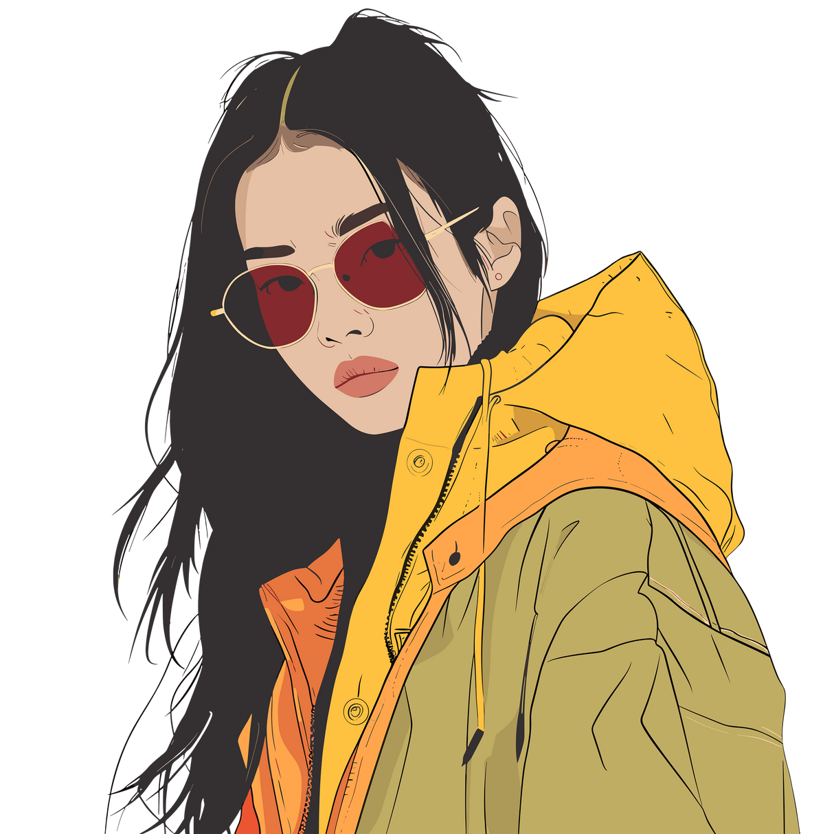 a woman wearing a yellow jacket and red sunglasses