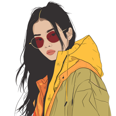 a woman wearing a yellow jacket and red sunglasses
