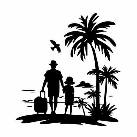 a black and white silhouette of a man and a child on a beach