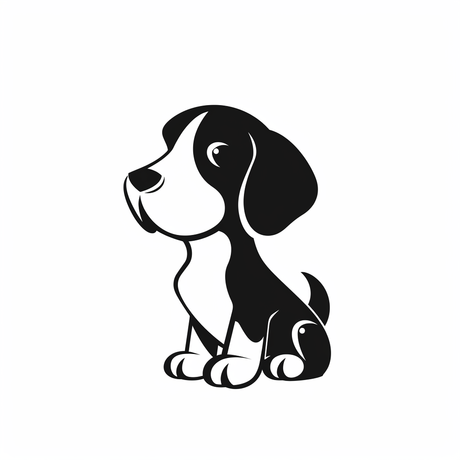 a black and white dog sitting on a white background