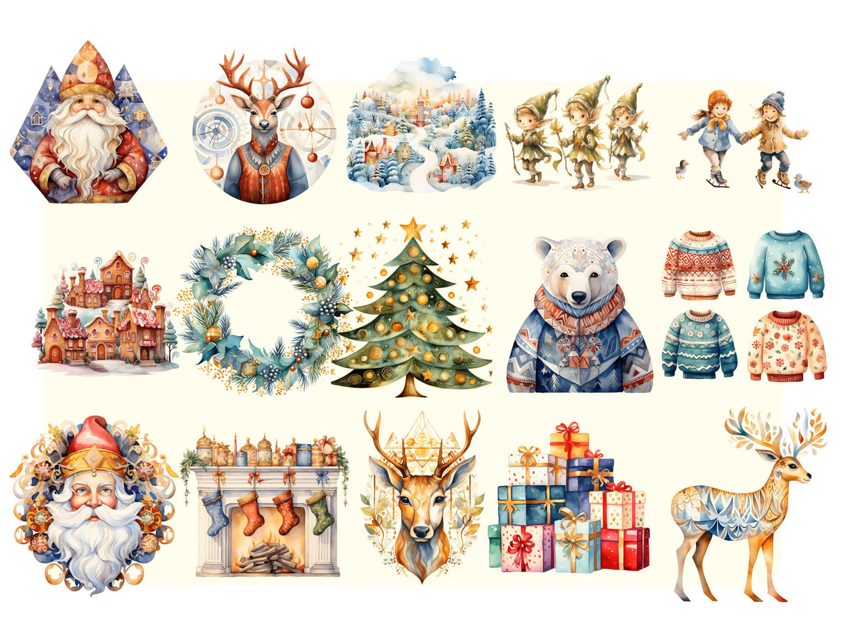 Nordic Watercolor Christmas Clipart Set PNG