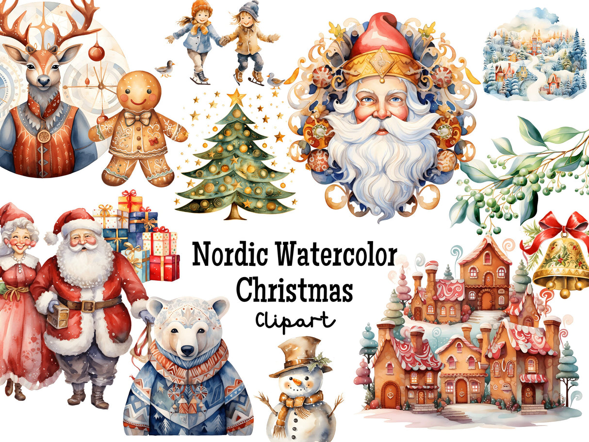 Nordic Watercolor Christmas Clipart Set PNG