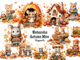 Watercolor Autumn Mice Clipart Set PNG