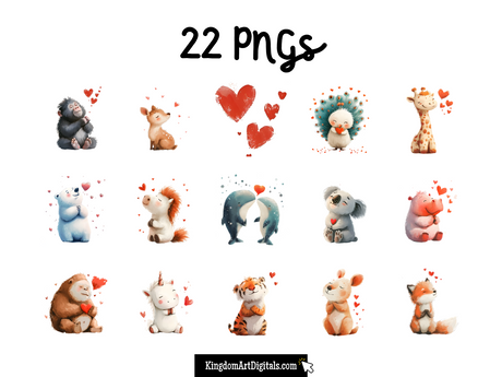 a number of different animals with hearts on them