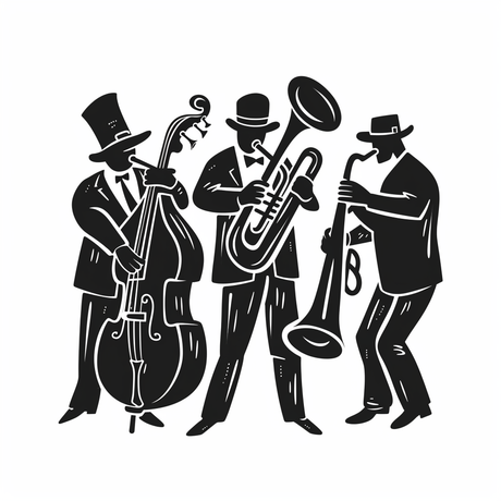 a black and white drawing of three men playing instruments