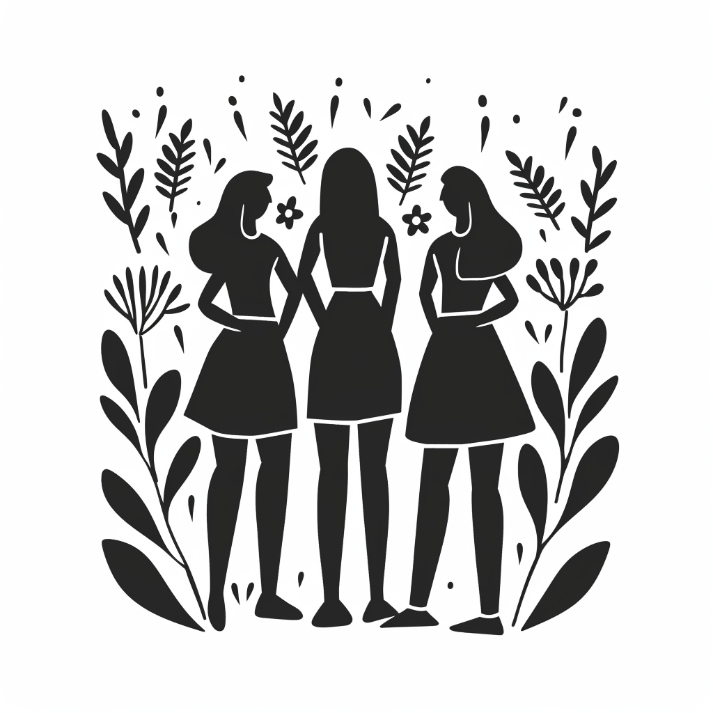 a black and white silhouette of three women standing in front of plants