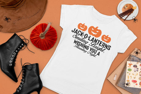 Jack-o-lanterns smiling bright, wishing you a haunting night SVG Cut File